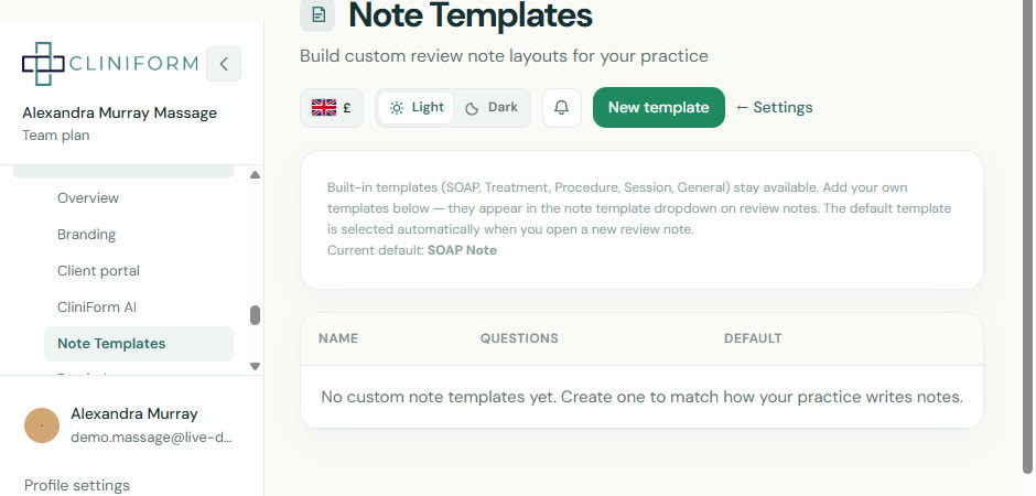 Treatment note templates