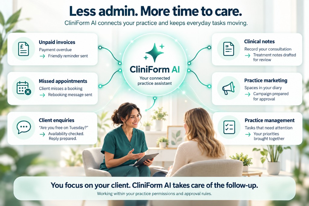 Illustration of CliniForm AI connecting consultation notes, client enquiries, payments and practice administration.