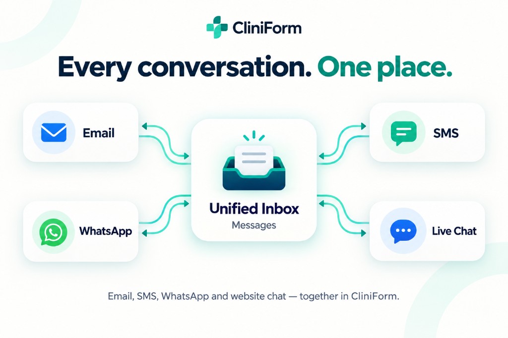 Email, SMS, WhatsApp and live chat connected to CliniForm’s central Unified Inbox, labelled Messages.