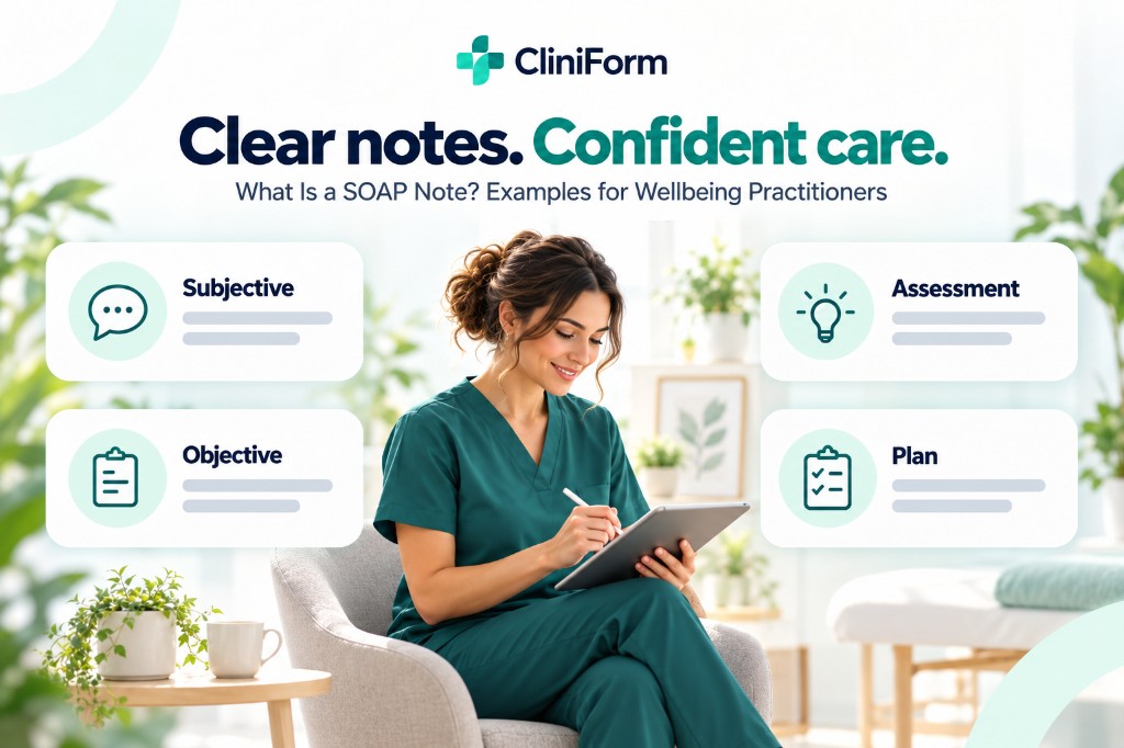 Wellbeing practitioner writing on a tablet, with SOAP note sections: Subjective, Objective, Assessment and Plan.