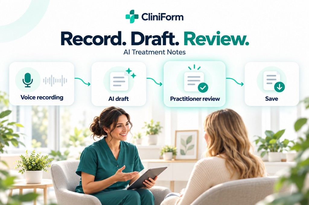 Workflow showing voice recording, AI draft, practitioner review and save for CliniForm AI treatment notes.