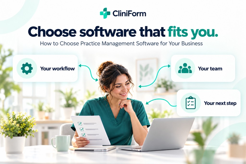 Practitioner reviewing a checklist on a laptop, with callouts for workflow, team and next step.