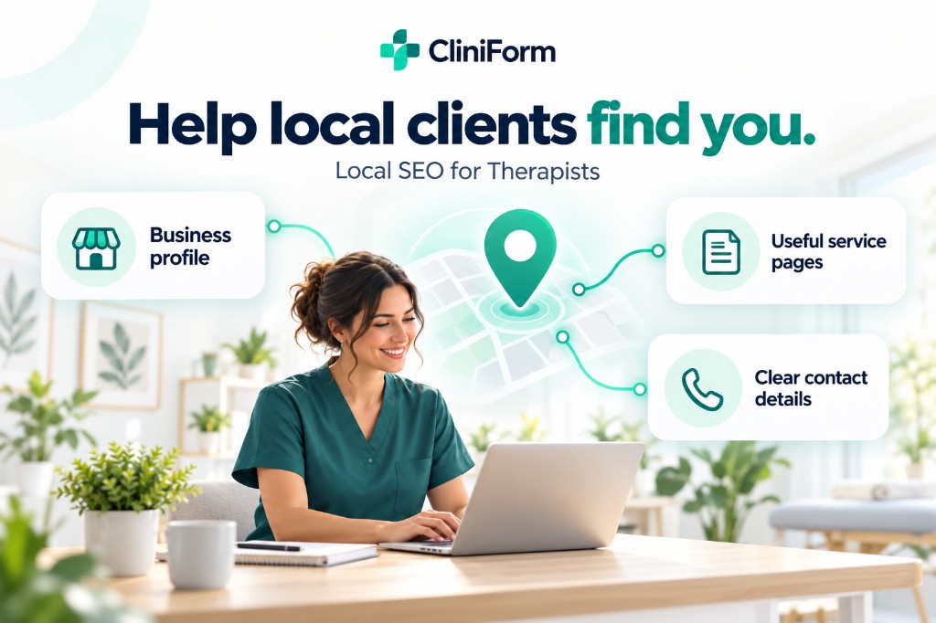 Therapist working on a laptop beside a map pin graphic linked to business profile, service pages and contact details.