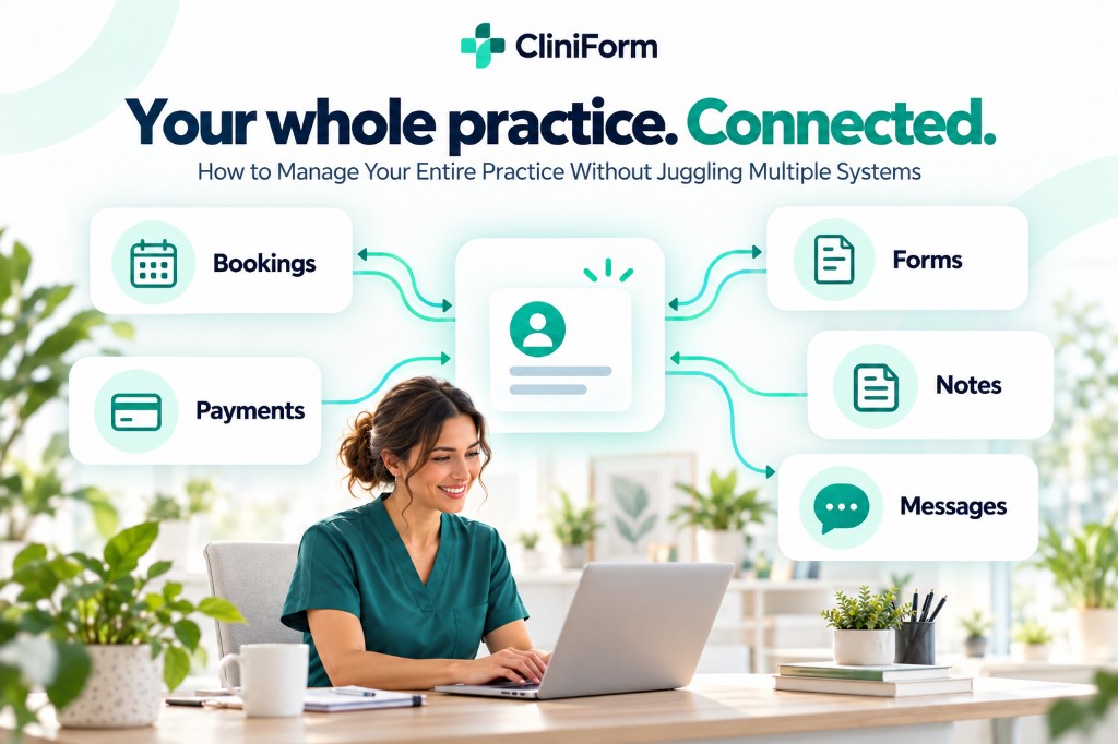 Practitioner at a laptop with a connected diagram of bookings, payments, forms, notes and messages.